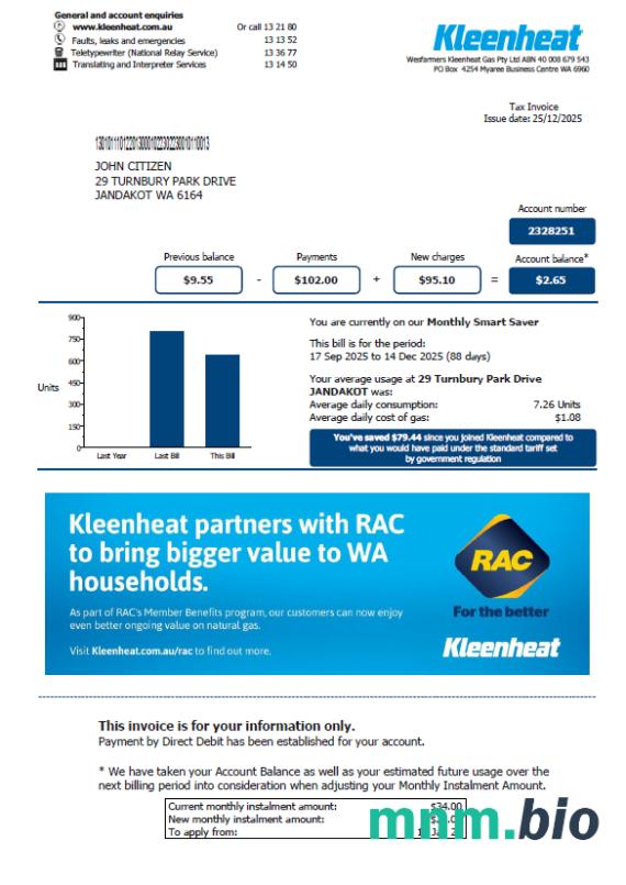 Szablon rachunku za media w Australii Kleenheat w formatach Word i PDF